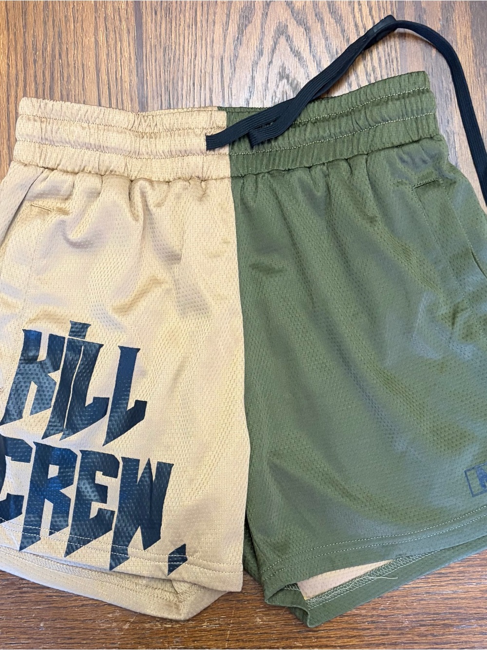 Kill Crew Muay Thai shorts in sand and olive two tone split design size S boxing